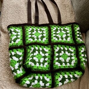Green and White Crochet Tote Bag handmade